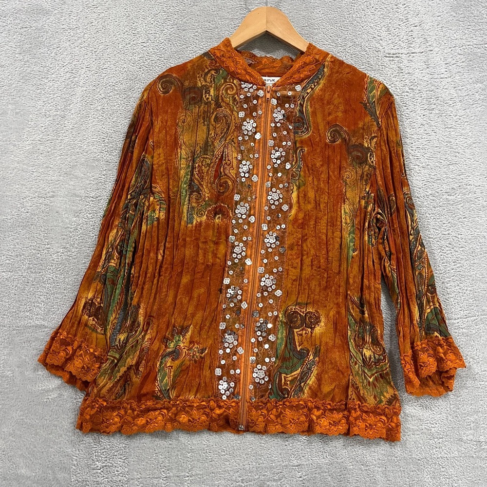 VTG Jaipur Top Blouse XL Paisley Sequins Sheer Lace Front Zip Boho Artsy‎